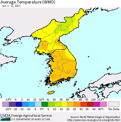 Korea Average Temperature (WMO) Thematic Map For 6/5/2023 - 6/11/2023