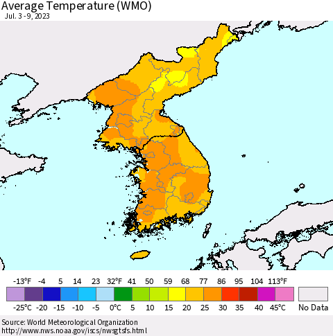 Korea Average Temperature (WMO) Thematic Map For 7/3/2023 - 7/9/2023