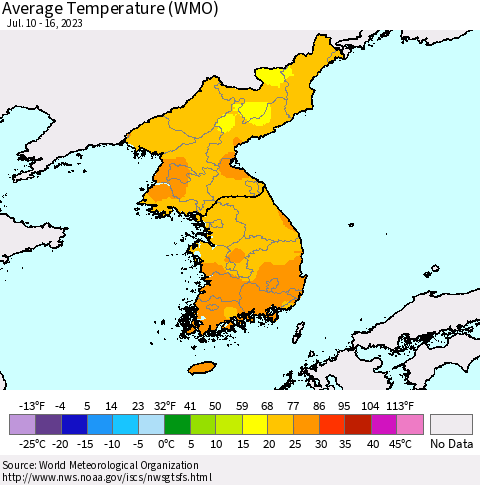 Korea Average Temperature (WMO) Thematic Map For 7/10/2023 - 7/16/2023