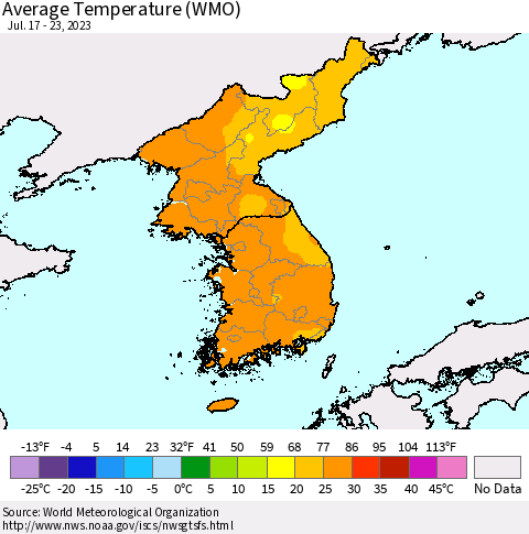 Korea Average Temperature (WMO) Thematic Map For 7/17/2023 - 7/23/2023