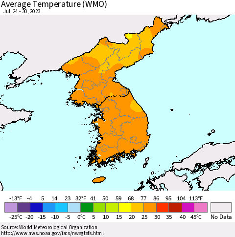 Korea Average Temperature (WMO) Thematic Map For 7/24/2023 - 7/30/2023