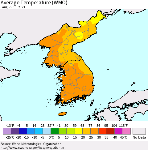Korea Average Temperature (WMO) Thematic Map For 8/7/2023 - 8/13/2023