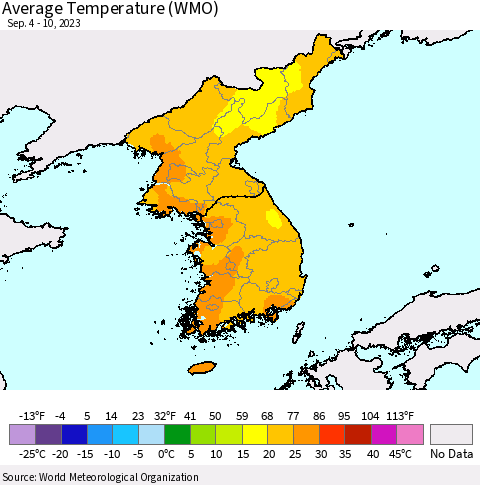 Korea Average Temperature (WMO) Thematic Map For 9/4/2023 - 9/10/2023