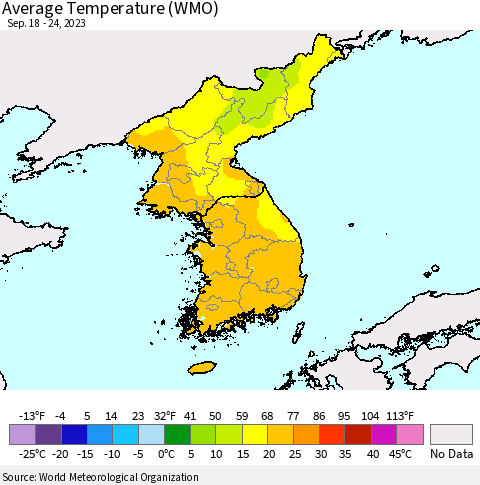 Korea Average Temperature (WMO) Thematic Map For 9/18/2023 - 9/24/2023