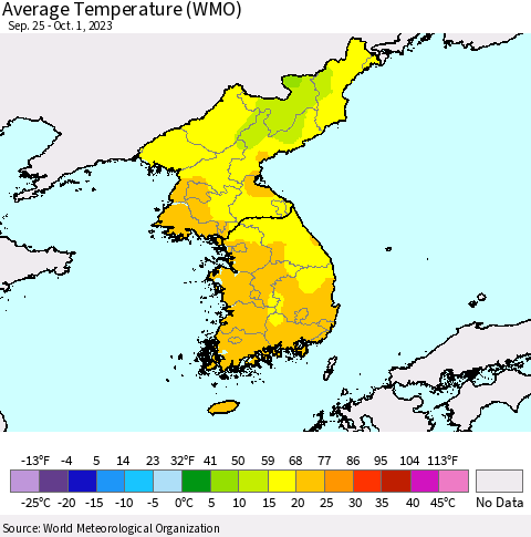 Korea Average Temperature (WMO) Thematic Map For 9/25/2023 - 10/1/2023