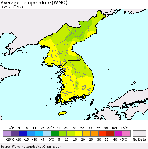 Korea Average Temperature (WMO) Thematic Map For 10/2/2023 - 10/8/2023