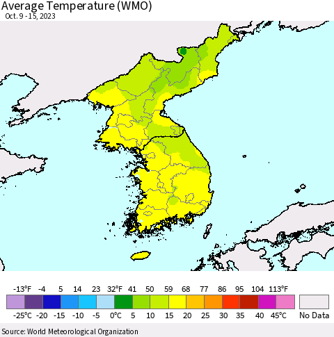Korea Average Temperature (WMO) Thematic Map For 10/9/2023 - 10/15/2023