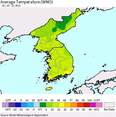 Korea Average Temperature (WMO) Thematic Map For 10/16/2023 - 10/22/2023
