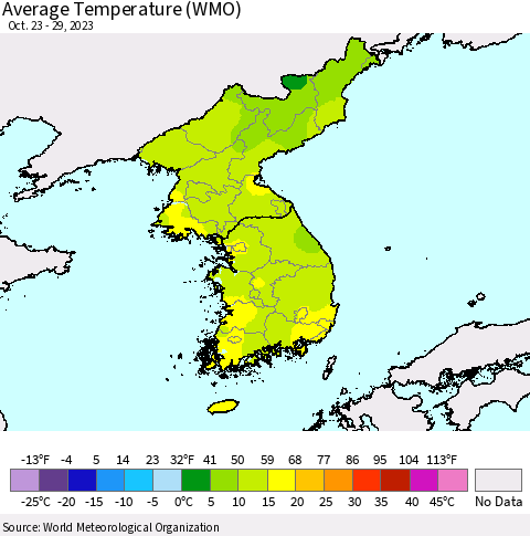 Korea Average Temperature (WMO) Thematic Map For 10/23/2023 - 10/29/2023