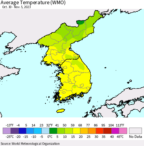 Korea Average Temperature (WMO) Thematic Map For 10/30/2023 - 11/5/2023