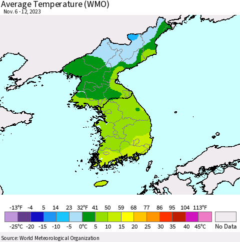 Korea Average Temperature (WMO) Thematic Map For 11/6/2023 - 11/12/2023