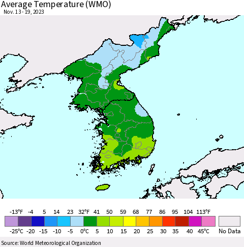 Korea Average Temperature (WMO) Thematic Map For 11/13/2023 - 11/19/2023