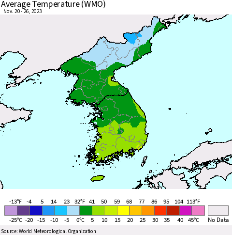 Korea Average Temperature (WMO) Thematic Map For 11/20/2023 - 11/26/2023