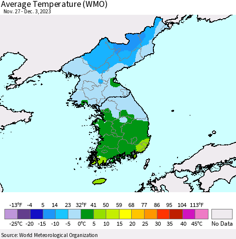 Korea Average Temperature (WMO) Thematic Map For 11/27/2023 - 12/3/2023