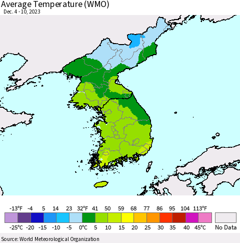 Korea Average Temperature (WMO) Thematic Map For 12/4/2023 - 12/10/2023