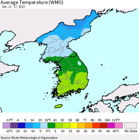Korea Average Temperature (WMO) Thematic Map For 12/11/2023 - 12/17/2023