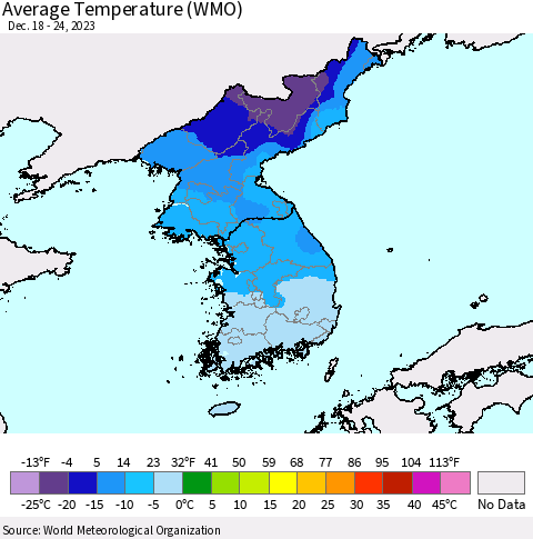 Korea Average Temperature (WMO) Thematic Map For 12/18/2023 - 12/24/2023