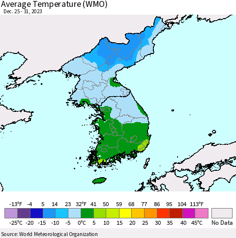 Korea Average Temperature (WMO) Thematic Map For 12/25/2023 - 12/31/2023