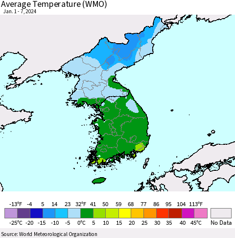Korea Average Temperature (WMO) Thematic Map For 1/1/2024 - 1/7/2024