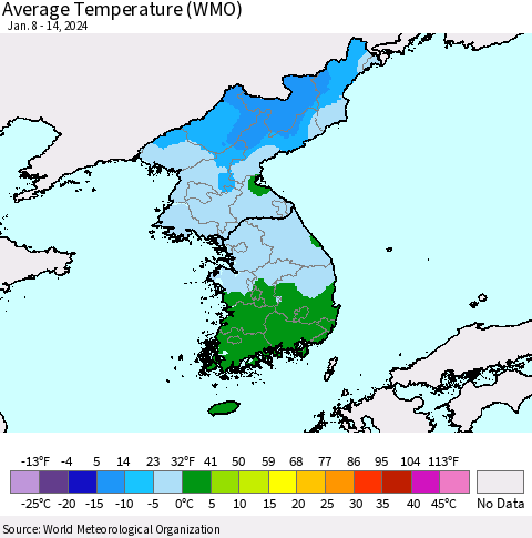 Korea Average Temperature (WMO) Thematic Map For 1/8/2024 - 1/14/2024