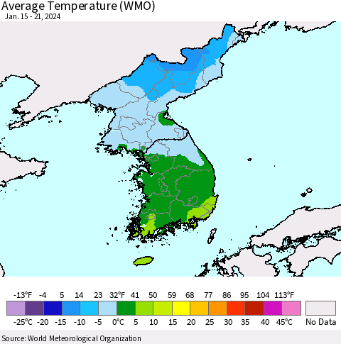 Korea Average Temperature (WMO) Thematic Map For 1/15/2024 - 1/21/2024