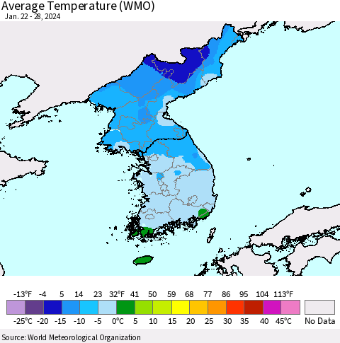 Korea Average Temperature (WMO) Thematic Map For 1/22/2024 - 1/28/2024