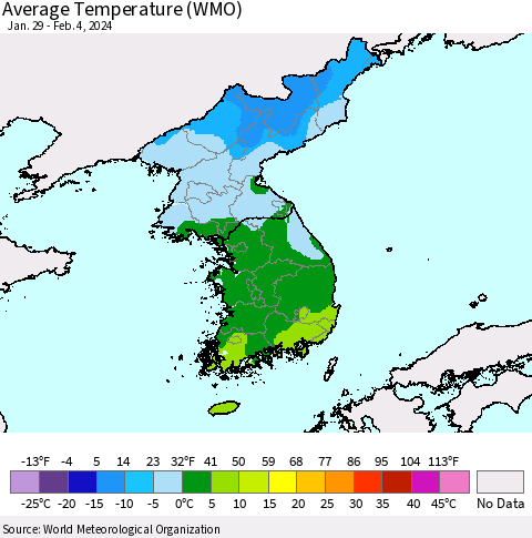 Korea Average Temperature (WMO) Thematic Map For 1/29/2024 - 2/4/2024
