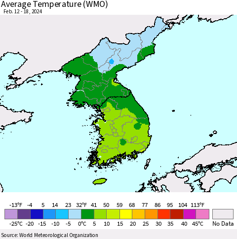 Korea Average Temperature (WMO) Thematic Map For 2/12/2024 - 2/18/2024