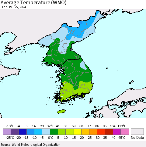 Korea Average Temperature (WMO) Thematic Map For 2/19/2024 - 2/25/2024
