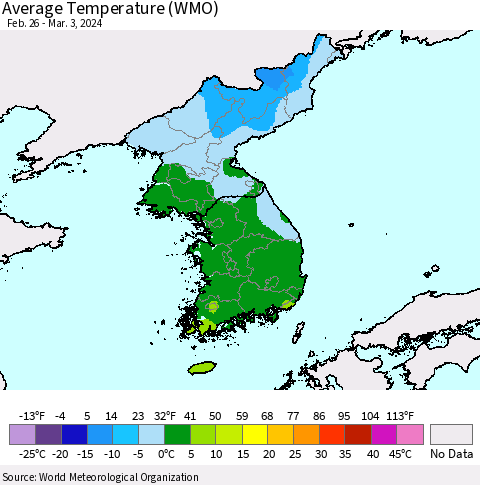 Korea Average Temperature (WMO) Thematic Map For 2/26/2024 - 3/3/2024