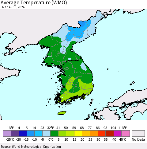Korea Average Temperature (WMO) Thematic Map For 3/4/2024 - 3/10/2024