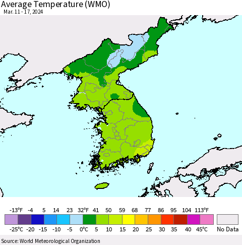 Korea Average Temperature (WMO) Thematic Map For 3/11/2024 - 3/17/2024