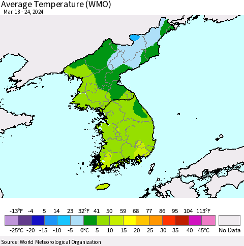 Korea Average Temperature (WMO) Thematic Map For 3/18/2024 - 3/24/2024