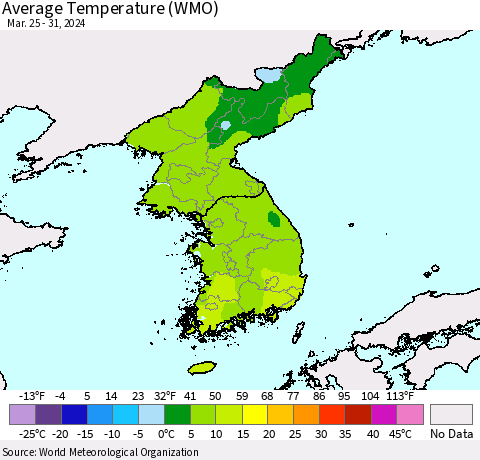 Korea Average Temperature (WMO) Thematic Map For 3/25/2024 - 3/31/2024