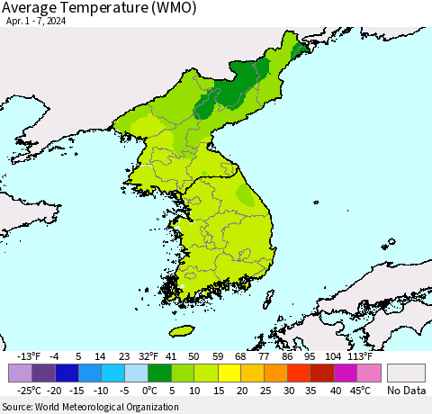 Korea Average Temperature (WMO) Thematic Map For 4/1/2024 - 4/7/2024