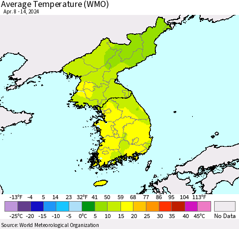 Korea Average Temperature (WMO) Thematic Map For 4/8/2024 - 4/14/2024