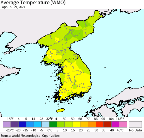 Korea Average Temperature (WMO) Thematic Map For 4/15/2024 - 4/21/2024