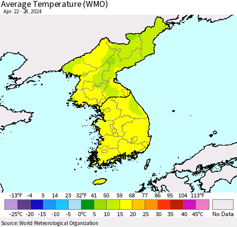 Korea Average Temperature (WMO) Thematic Map For 4/22/2024 - 4/28/2024