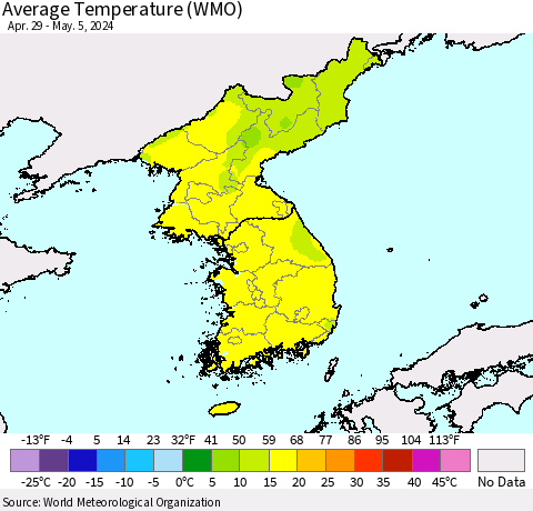 Korea Average Temperature (WMO) Thematic Map For 4/29/2024 - 5/5/2024