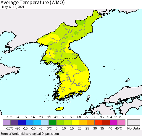 Korea Average Temperature (WMO) Thematic Map For 5/6/2024 - 5/12/2024
