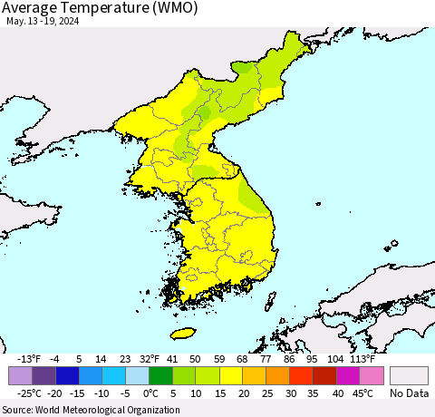 Korea Average Temperature (WMO) Thematic Map For 5/13/2024 - 5/19/2024