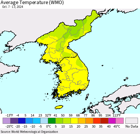 Korea Average Temperature (WMO) Thematic Map For 10/7/2024 - 10/13/2024
