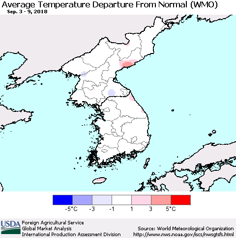 Korea Average Temperature Departure from Normal (WMO) Thematic Map For 9/3/2018 - 9/9/2018