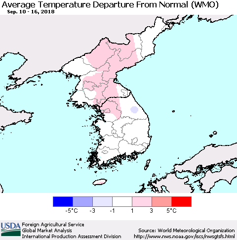 Korea Average Temperature Departure from Normal (WMO) Thematic Map For 9/10/2018 - 9/16/2018