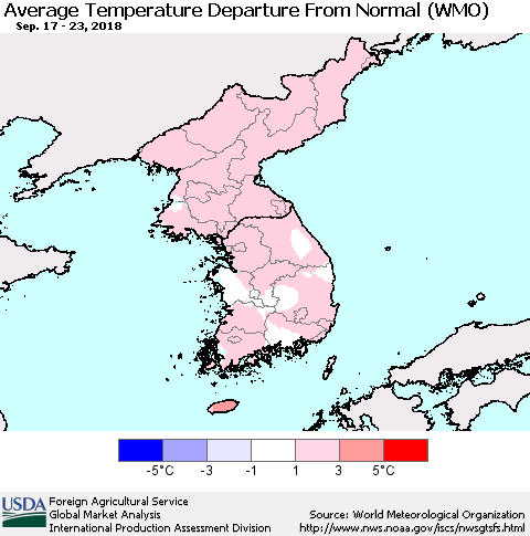 Korea Average Temperature Departure from Normal (WMO) Thematic Map For 9/17/2018 - 9/23/2018