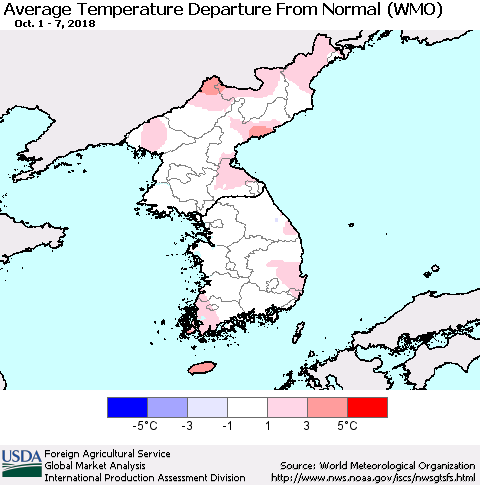 Korea Average Temperature Departure from Normal (WMO) Thematic Map For 10/1/2018 - 10/7/2018