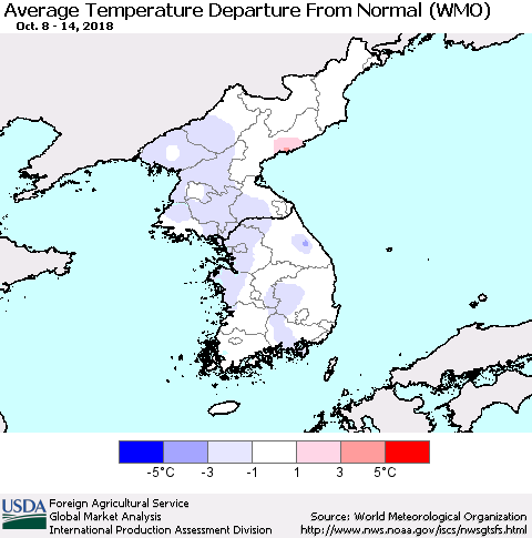 Korea Average Temperature Departure from Normal (WMO) Thematic Map For 10/8/2018 - 10/14/2018