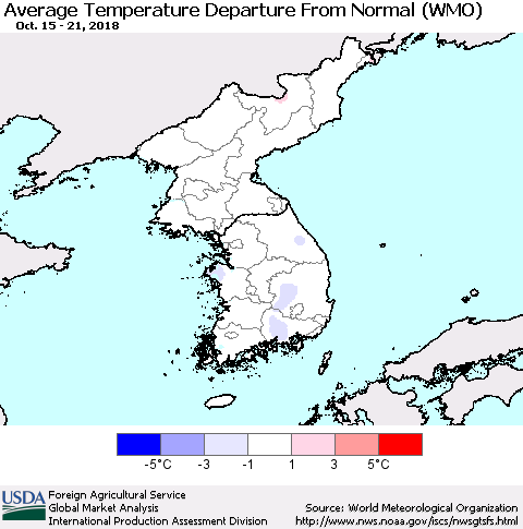 Korea Average Temperature Departure from Normal (WMO) Thematic Map For 10/15/2018 - 10/21/2018