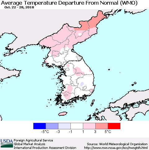 Korea Average Temperature Departure from Normal (WMO) Thematic Map For 10/22/2018 - 10/28/2018