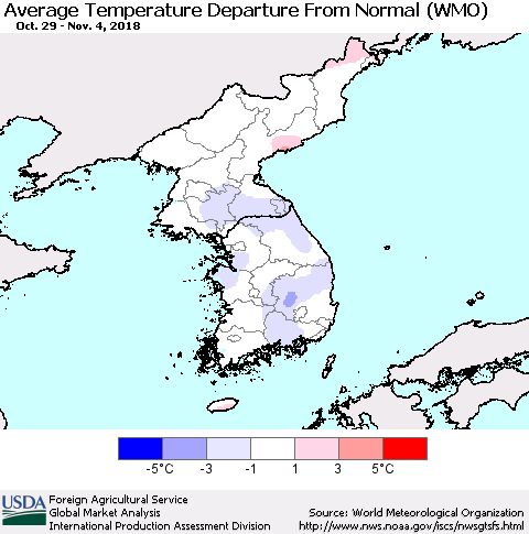 Korea Average Temperature Departure from Normal (WMO) Thematic Map For 10/29/2018 - 11/4/2018